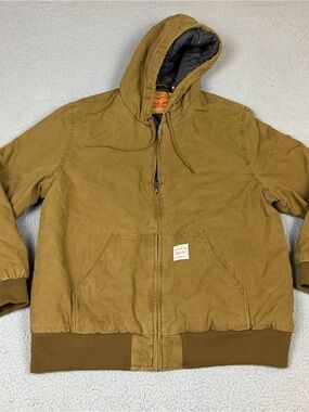 Levi's Canvas Jacket L Brown Hooded Workwear Full Zip Quilted Lined Trucker